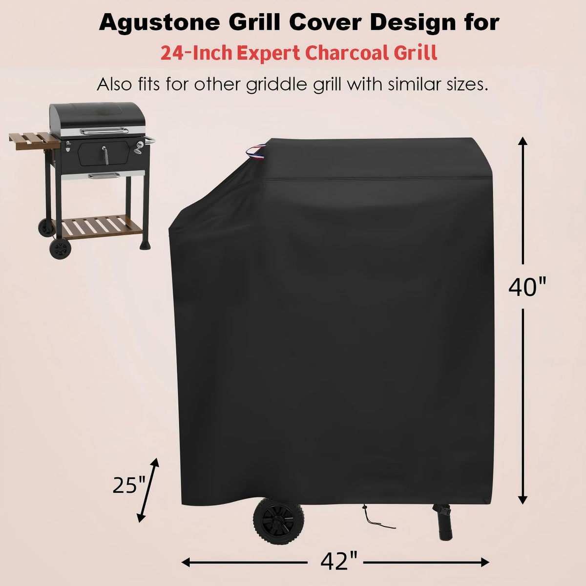 Agustone 24-inch grill cover fits a griddle setup securely, offering weatherproof protection.