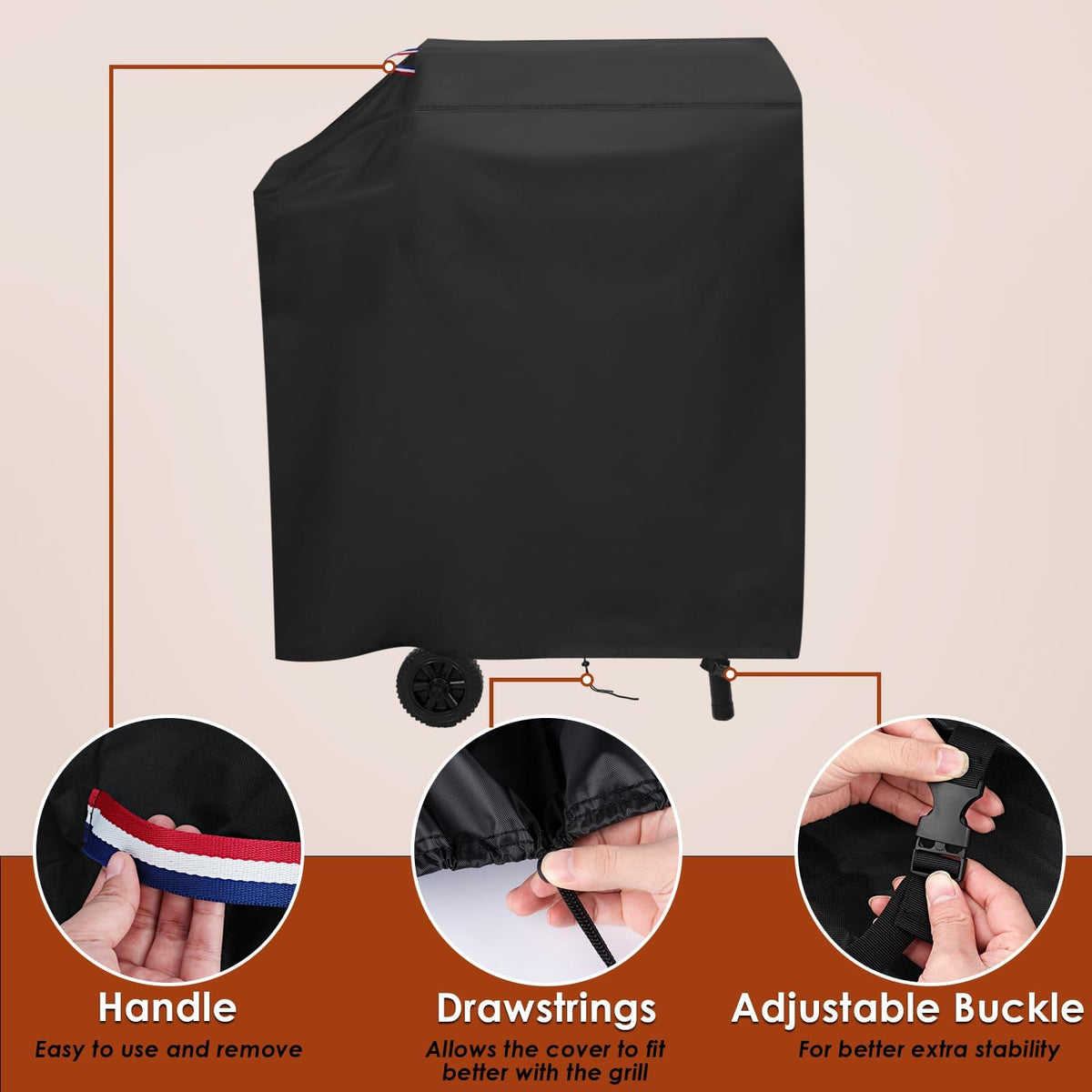 Agustone grill cover with waterproof finish shields against rain and snow to protect the grill.
