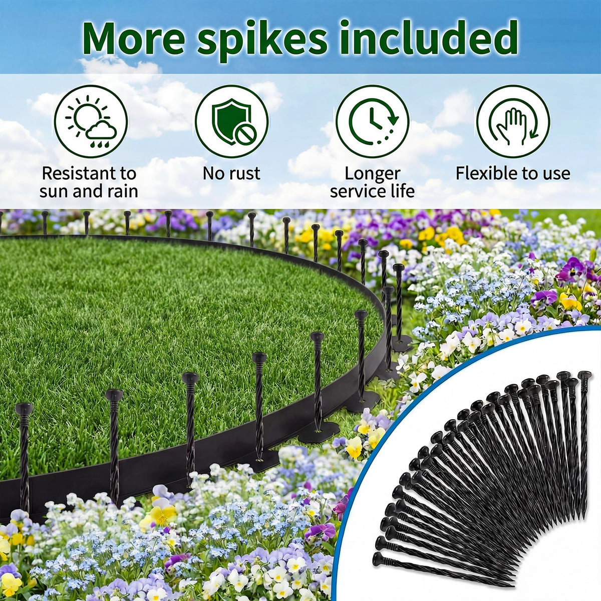 AHEONLAR flexible border follows curves for smooth, natural looking garden shapes.