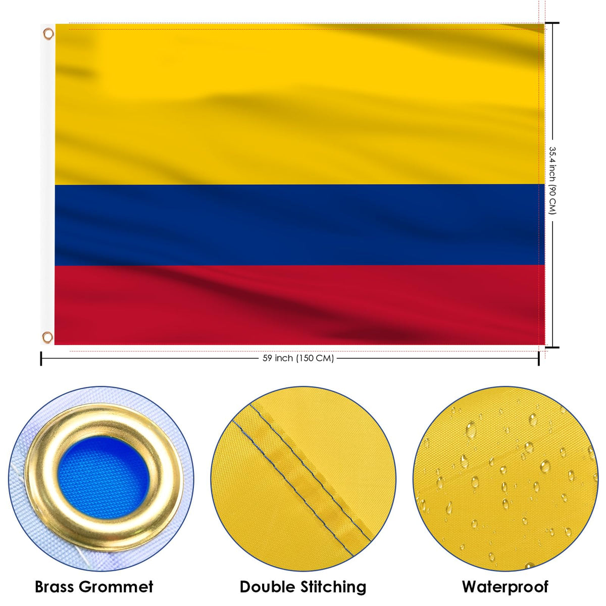 AhfuLife Colombia flag 3x5ft side view, ready for wall or flagpole display