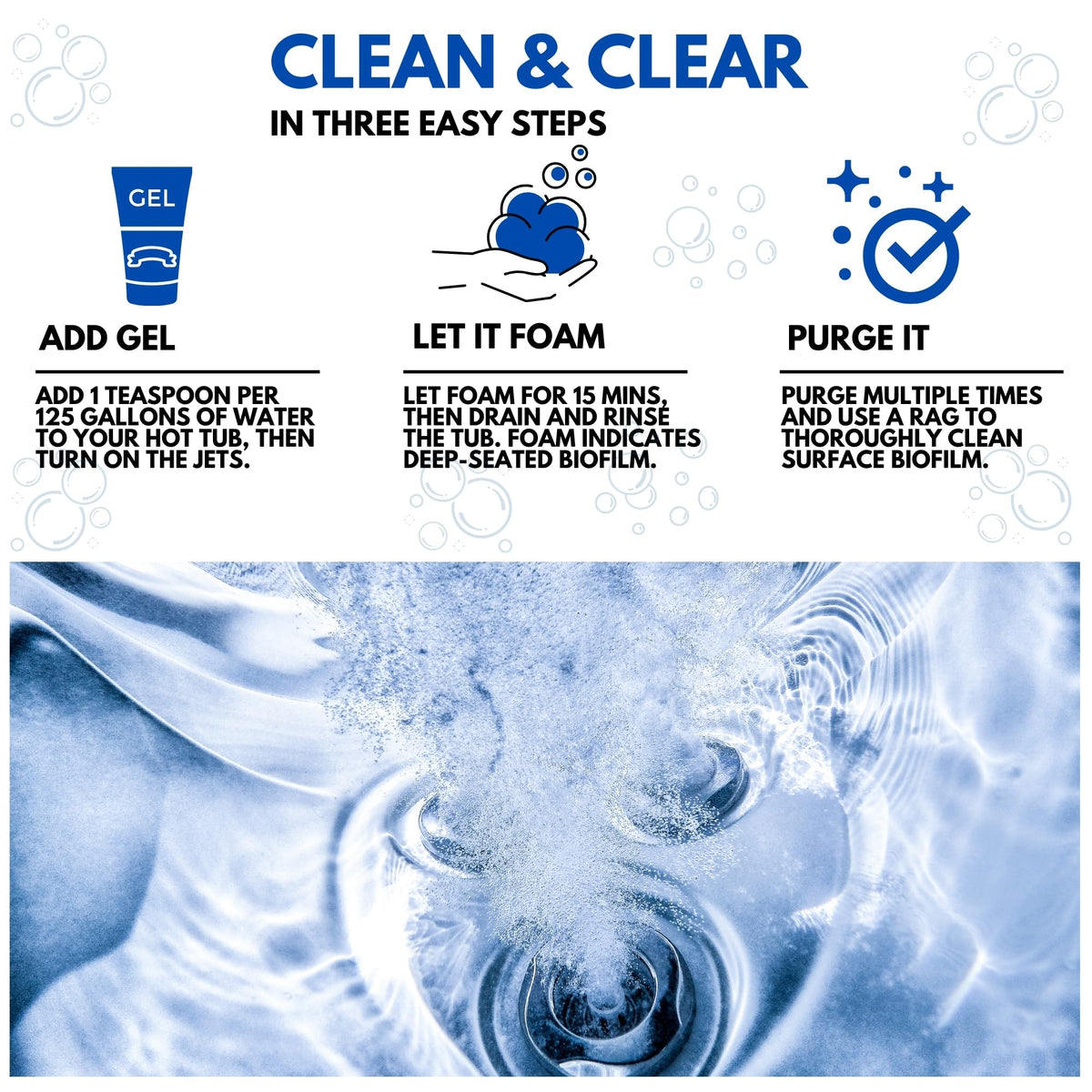 Jacuzzi tub compatibility shown for thorough cleansing of jetted systems in various tub styles.