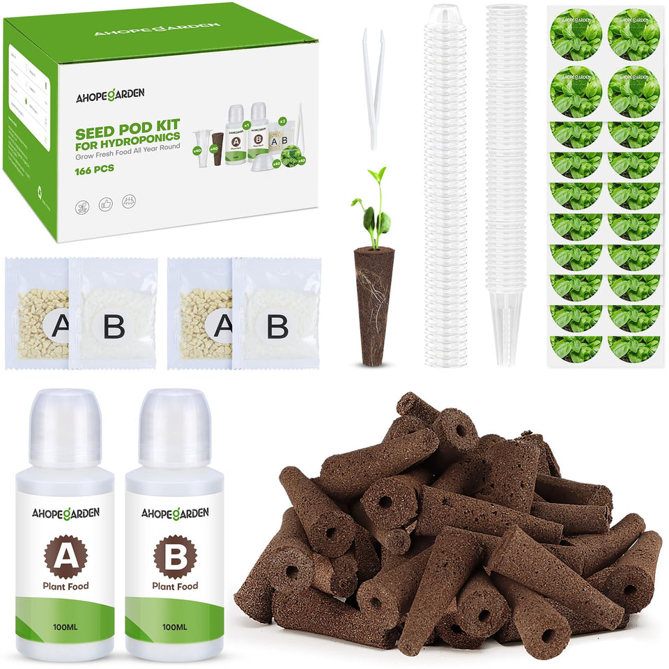 Ahopegarden 166pcs hydroponic pods kit packaging, ideal for quick setup.