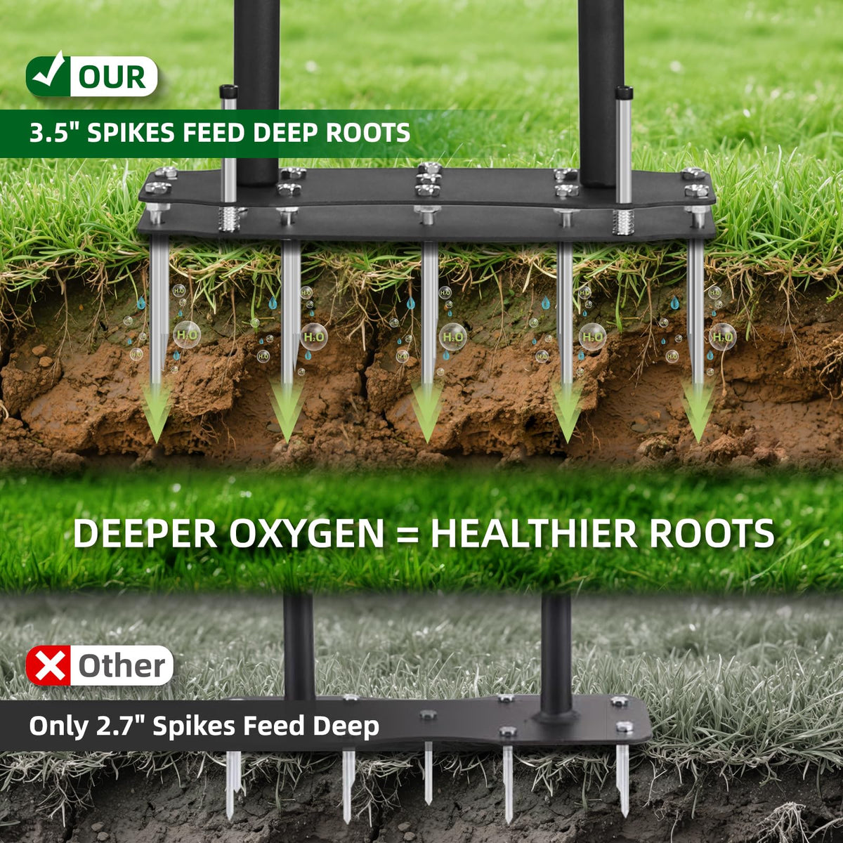 AHXPOCF lawn aerator reinforced 2mm steel frame resists bending in damp conditions.
