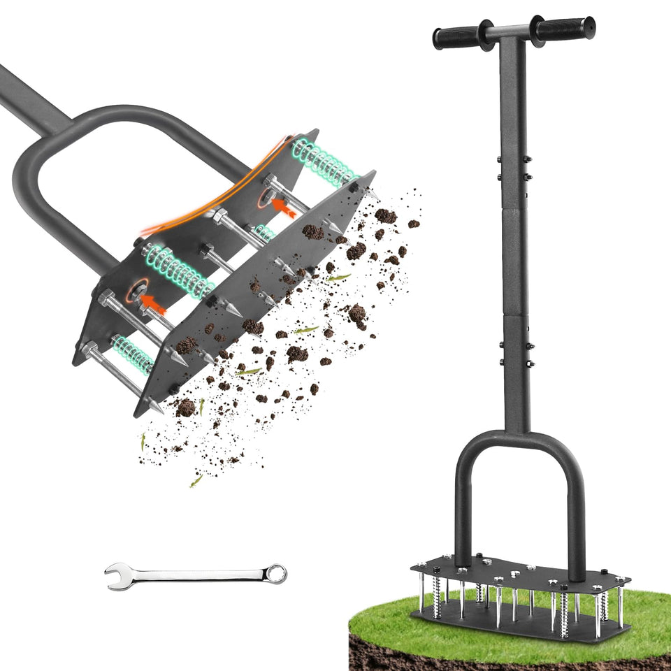 AHXPOCF lawn aerator kick-to-unclog in action clears clogs faster in damp clay soil.