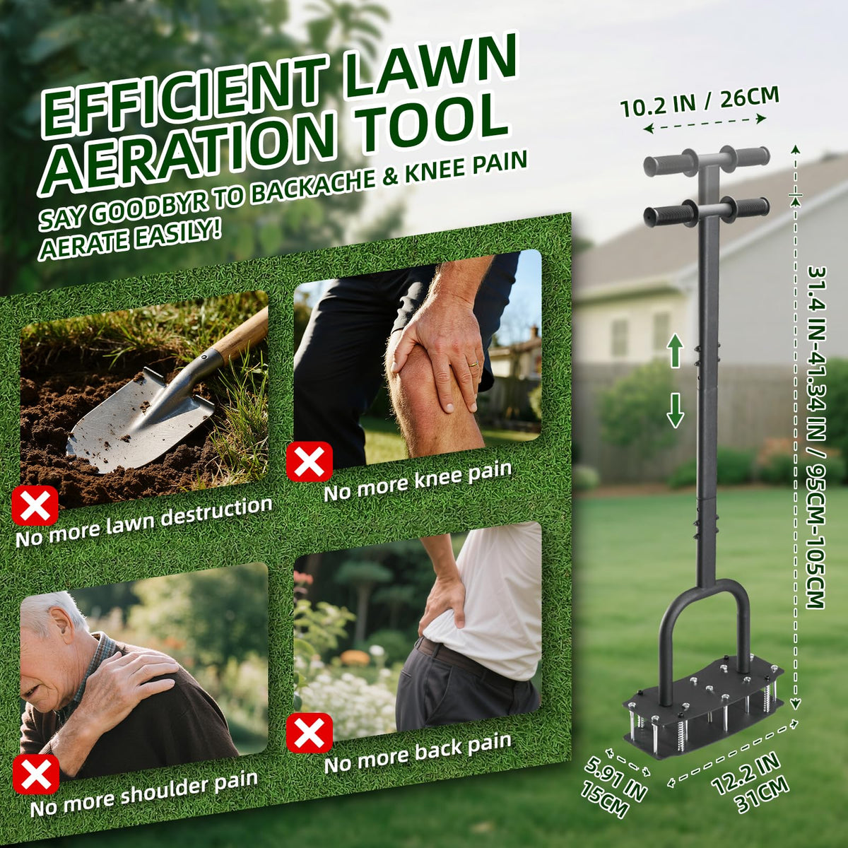 AHXPOCF lawn aerator rust-resistant finish protects against moisture during frequent use.