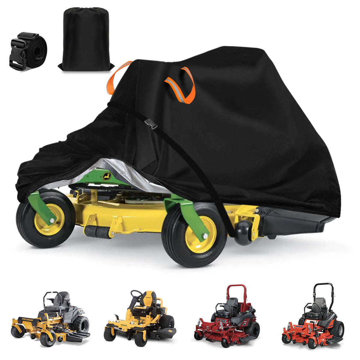 Aibiley zero-turn mower cover front view showing fit and protection for rain