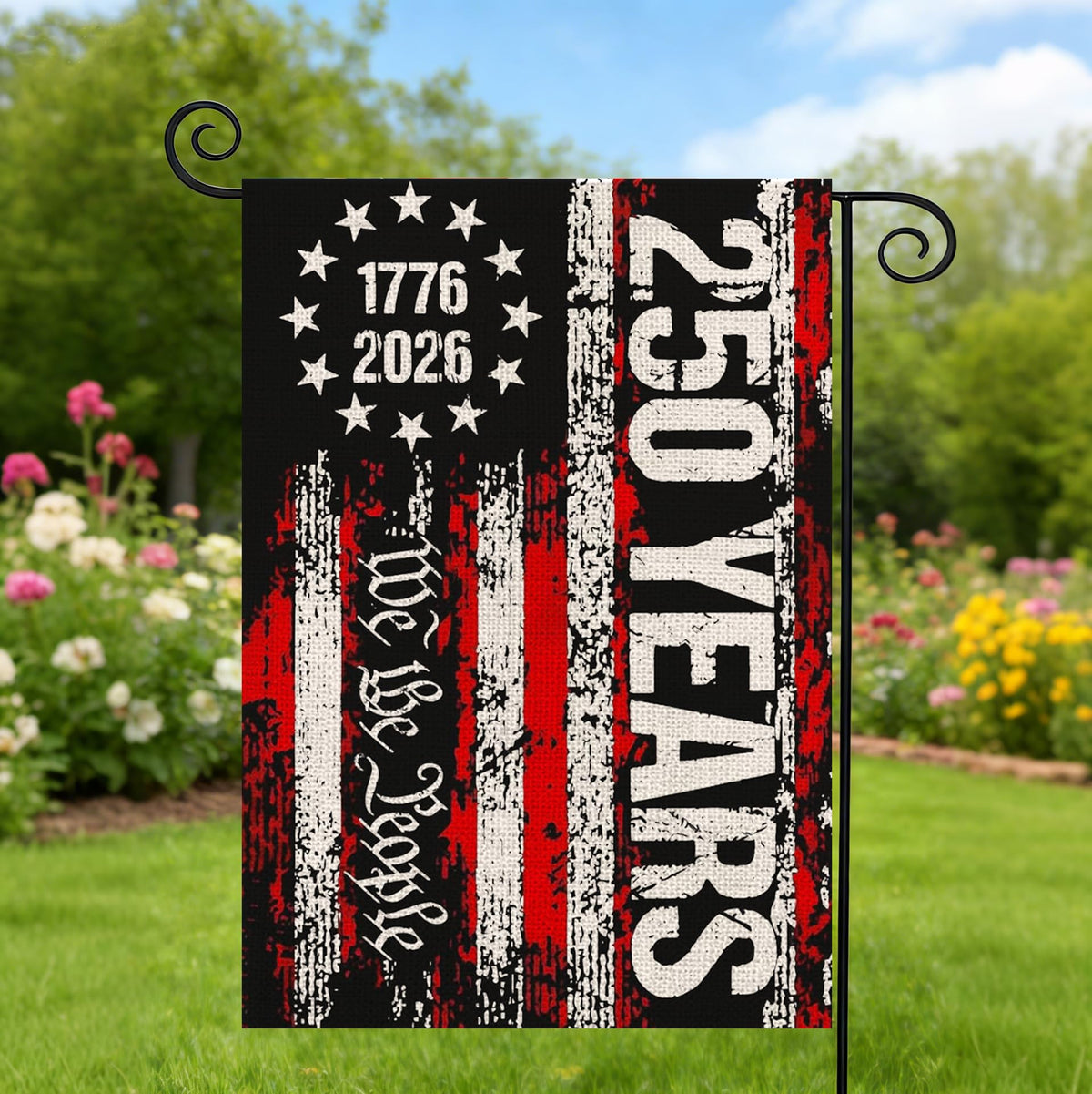 AIBOLYNE 250th anniversary flag distressed stripes on black background bold contrast