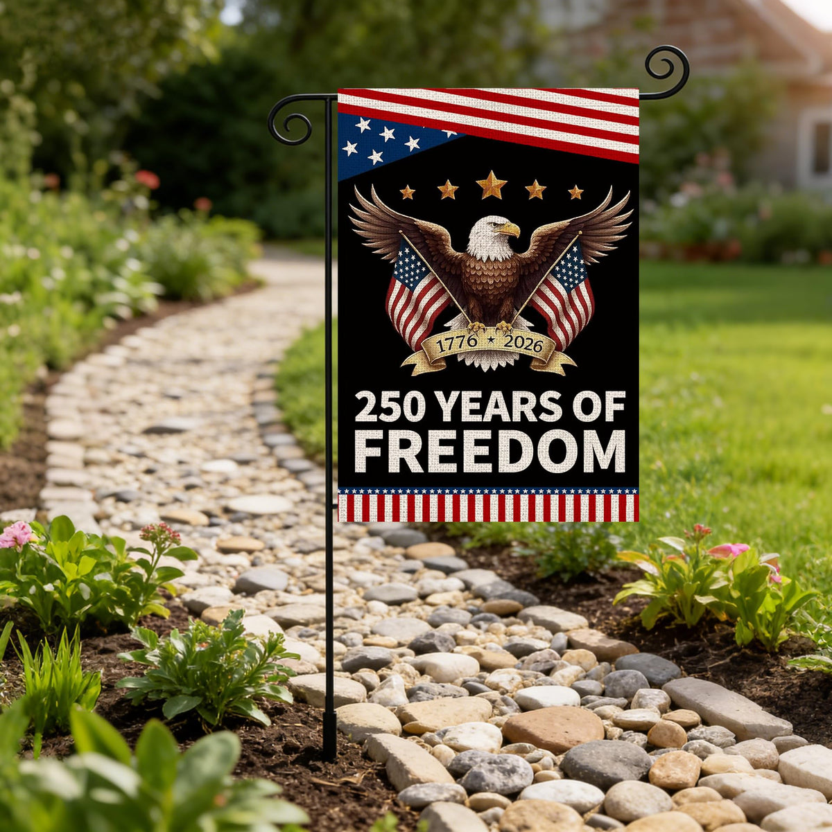 AIBOLYNE eagle design flag with gold anniversary banner for tribute displays.