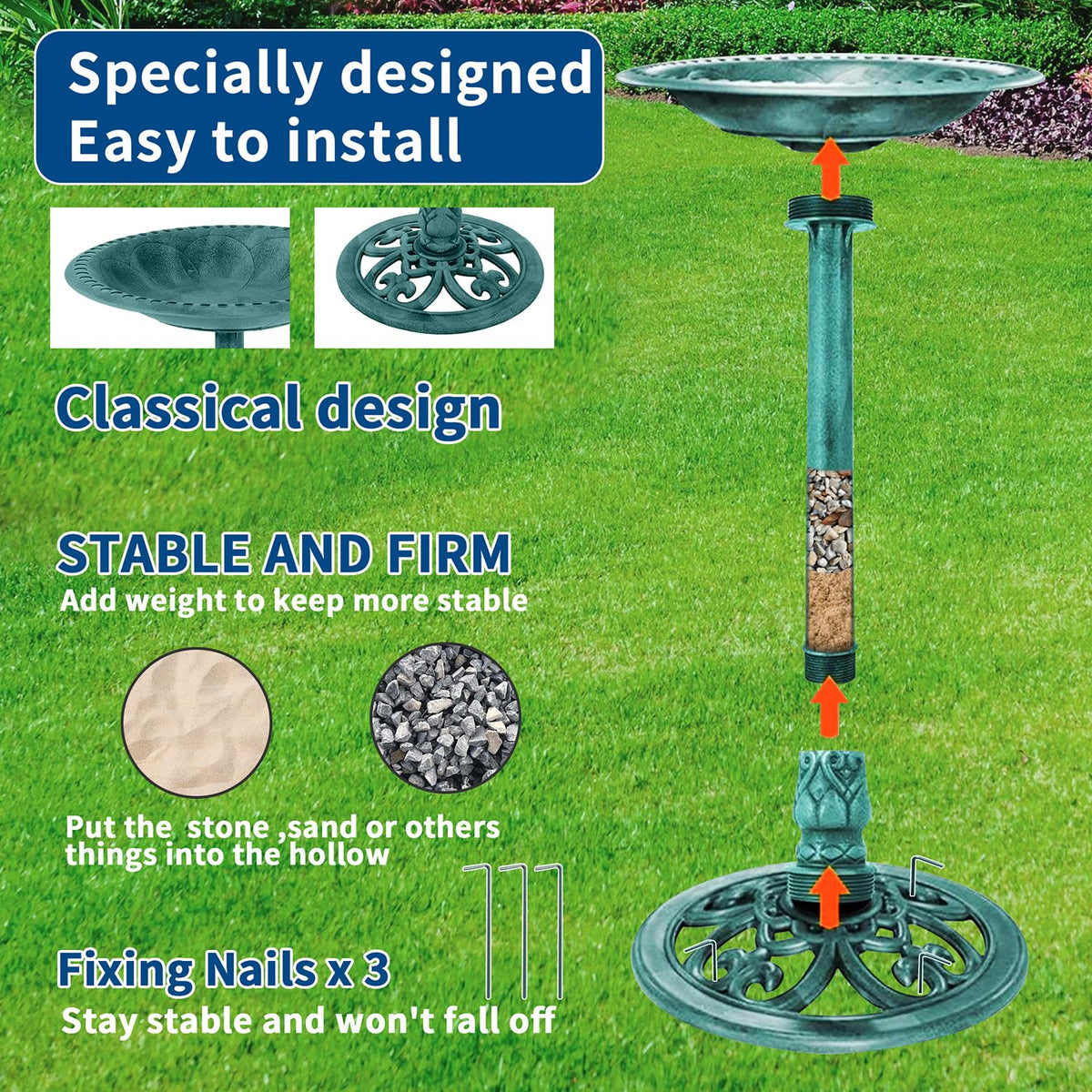 Aiddwrron Bird Bath tall 28-inch pedestal elevates garden focal point