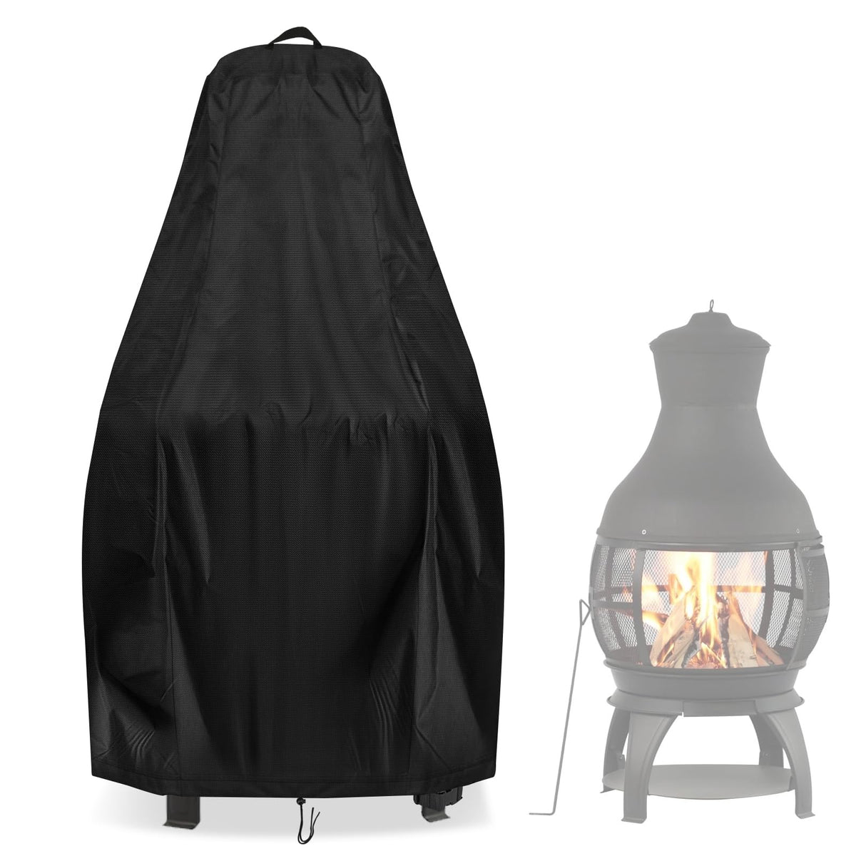 Aidetech chiminea cover on Bali Outdoors, front view protecting from rain and debris.