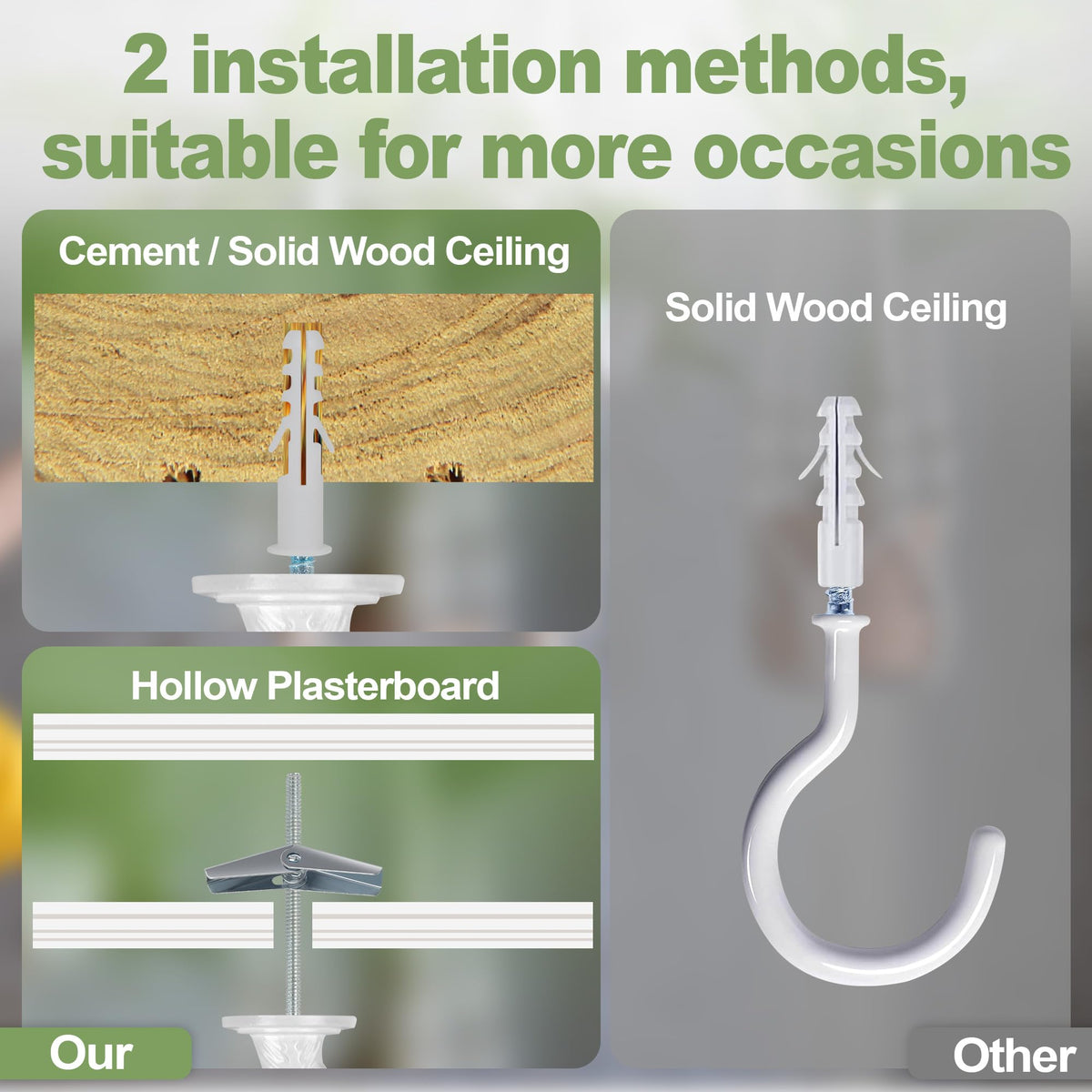 Aidoclip ceiling hook hardware includes bolts and screws for easy setup.