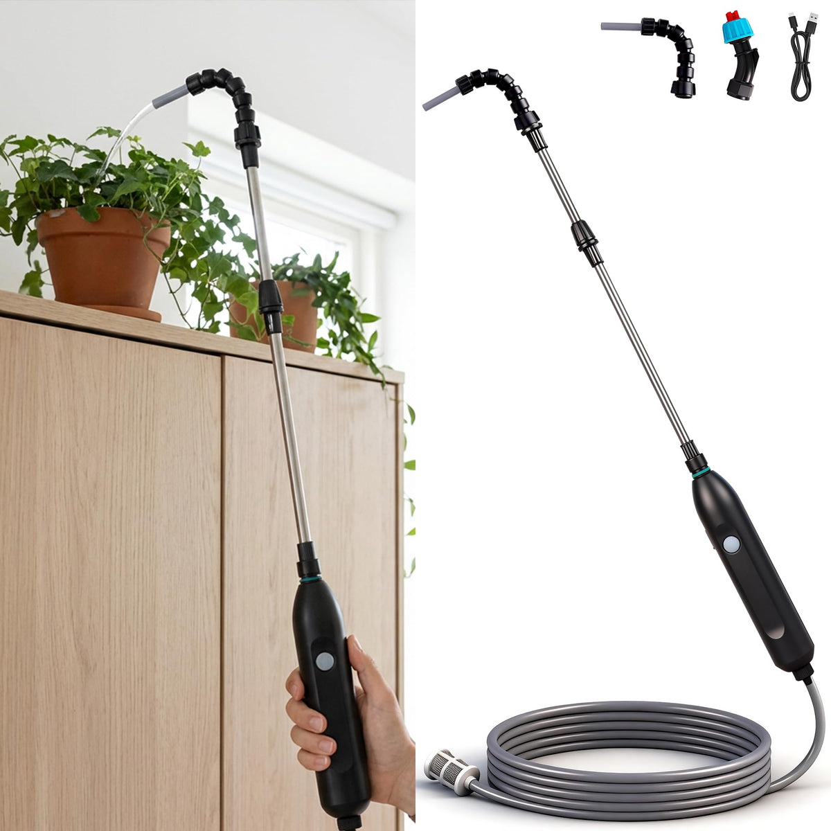 Aidoclip rechargeable cordless waterer with high-reach wand for hanging baskets.