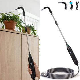 Aidoclip rechargeable cordless waterer with high-reach wand for hanging baskets.