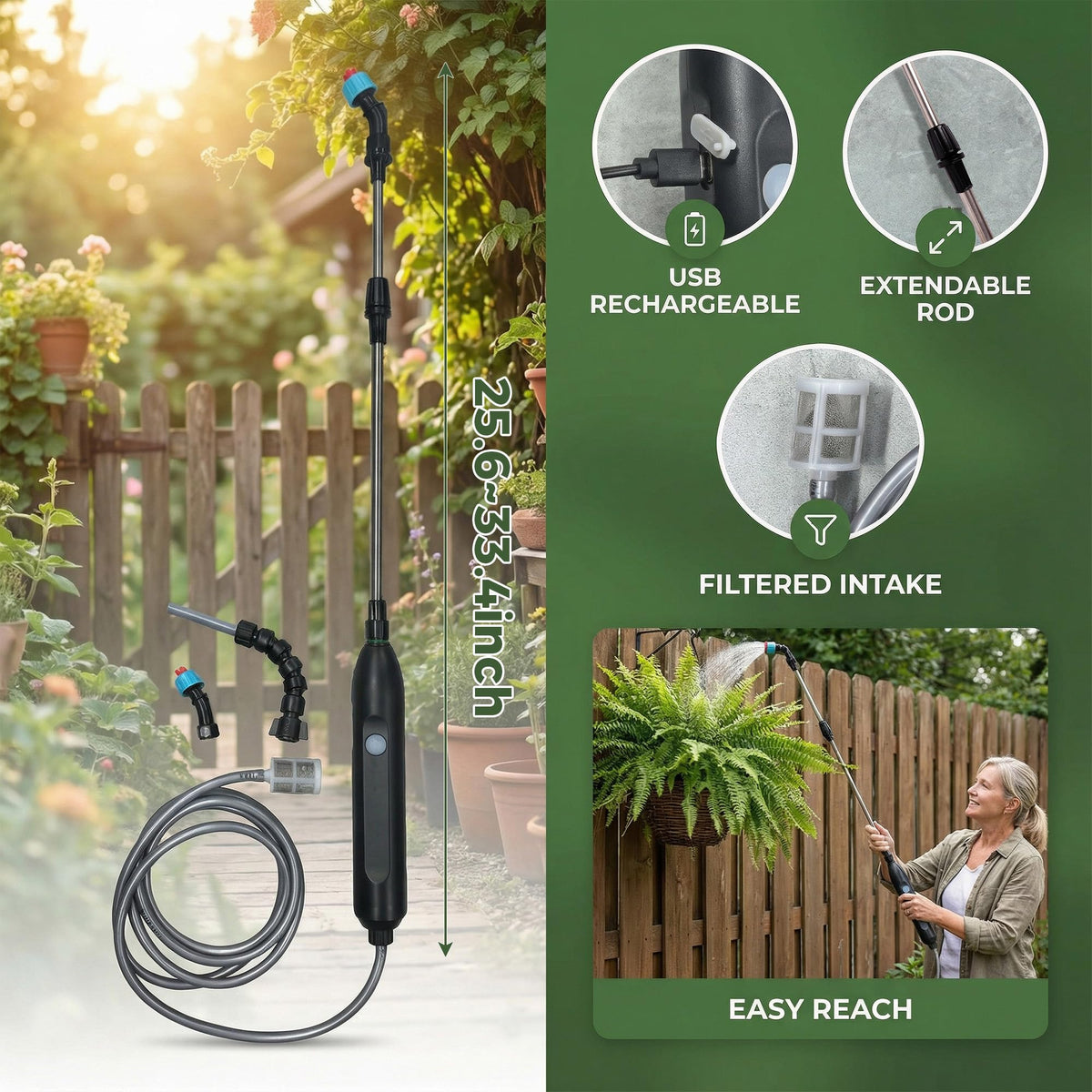 Aidoclip USB-C recharge lasts for hours of cordless watering.