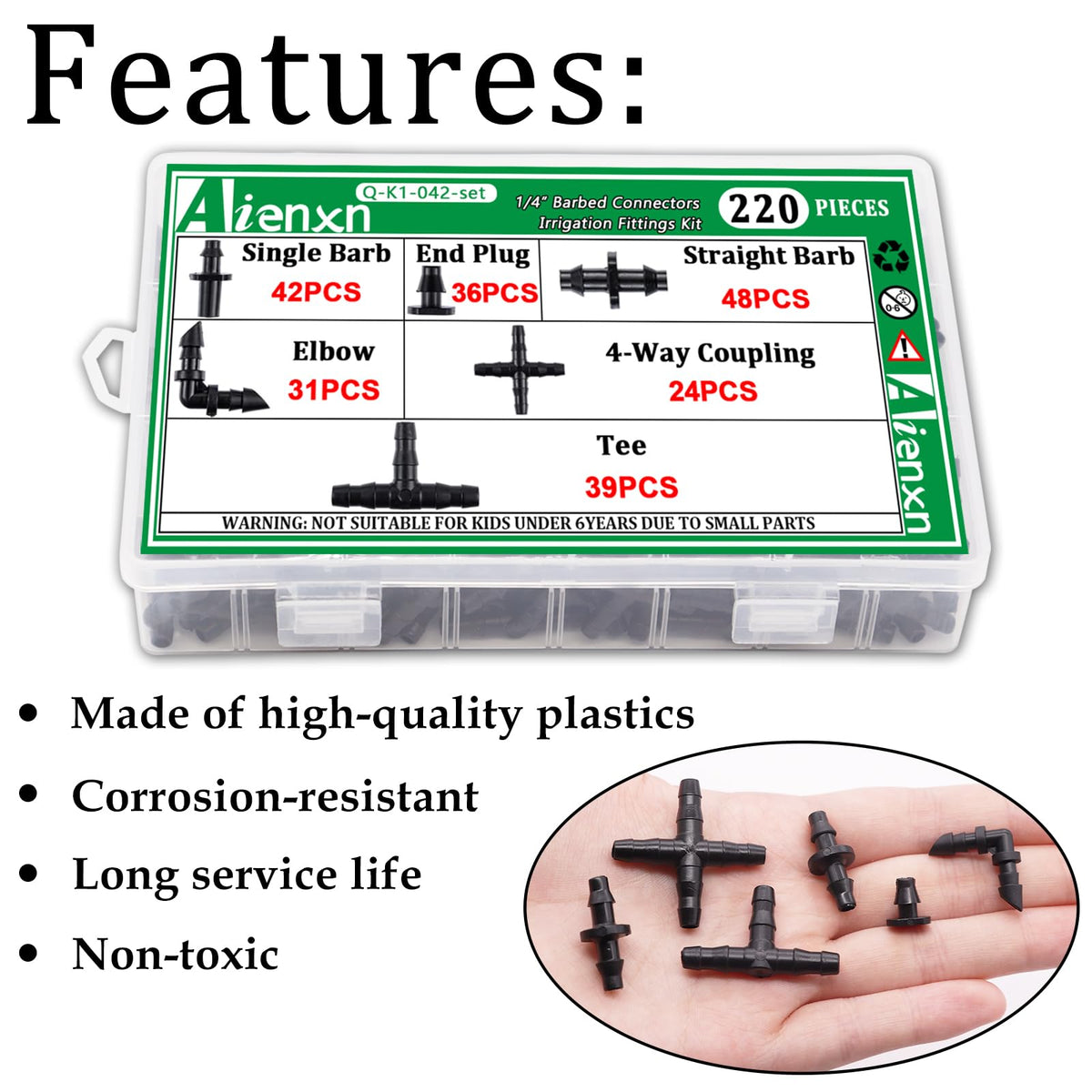 Aienxn single barb connector simplifies inline distribution for garden beds.
