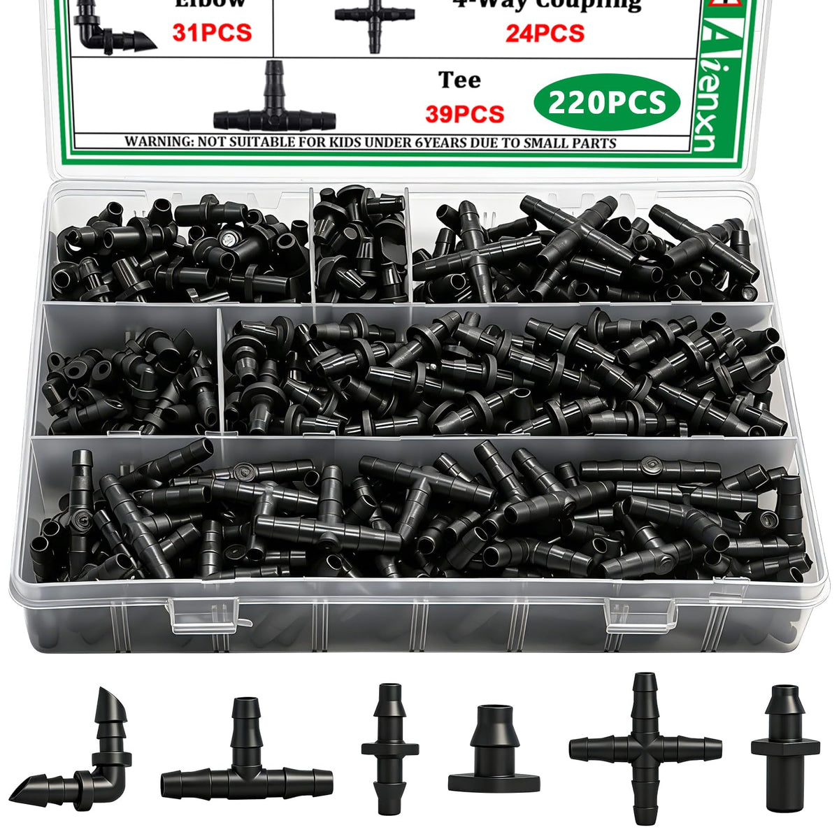 Aienxn straight barb connector secures 1/4 inch drip tubing for reliable watering.
