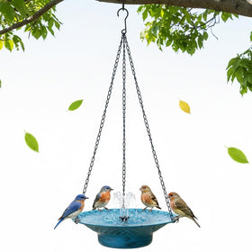 Aifeorzo 12.6-inch hanging bird bath with solar fountain attracts hummingbirds with sun-powered bubbles.