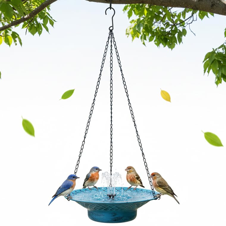 Aifeorzo 12.6-inch hanging bird bath with solar fountain attracts hummingbirds with sun-powered bubbles.