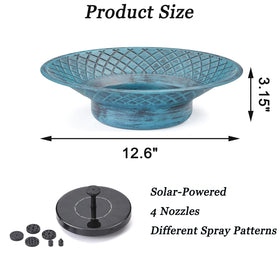 Aifeorzo solar panel bird bath blue powers a silent pump in sunlight.