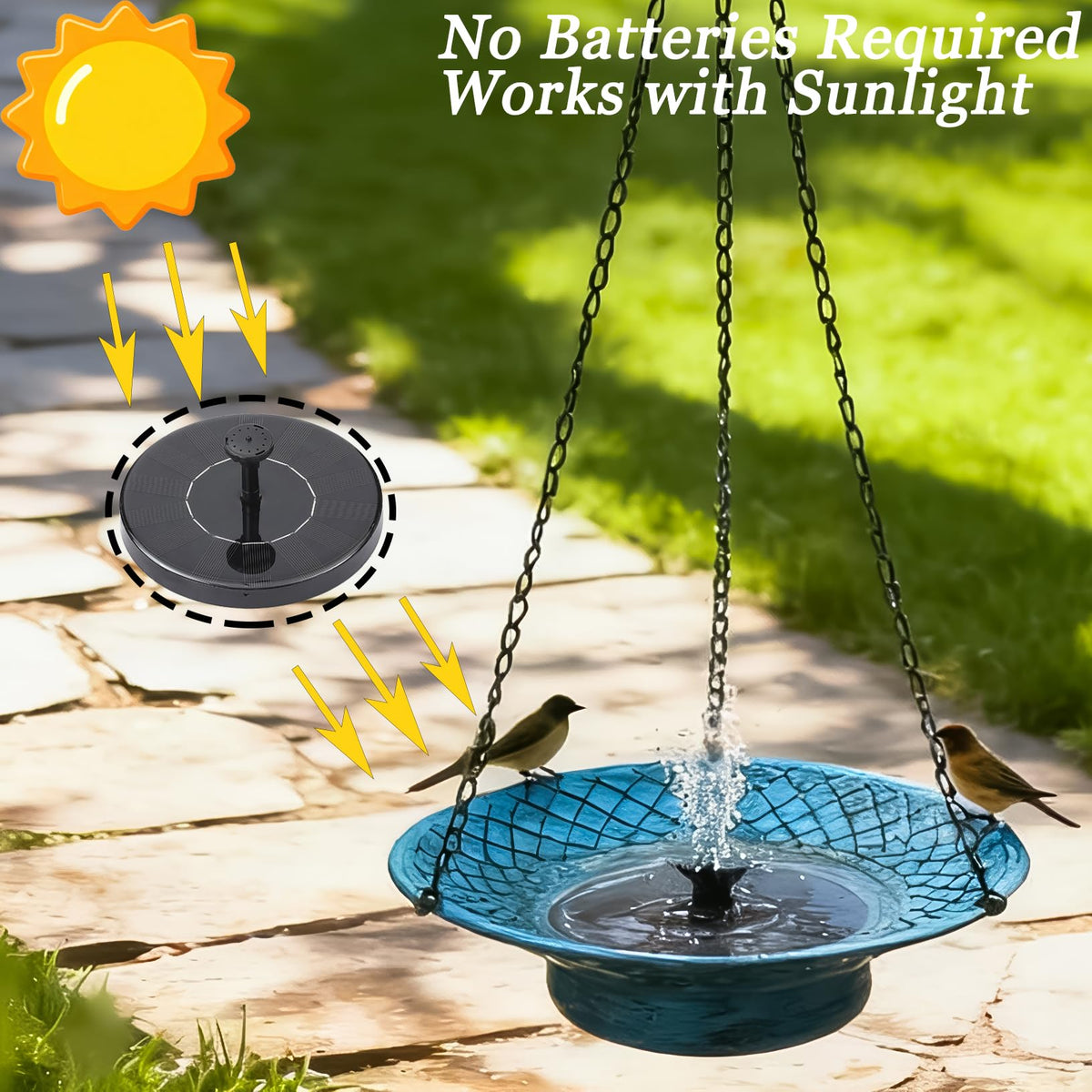 Aifeorzo solar-powered pump operates in sunlight for maintenance-free water features.