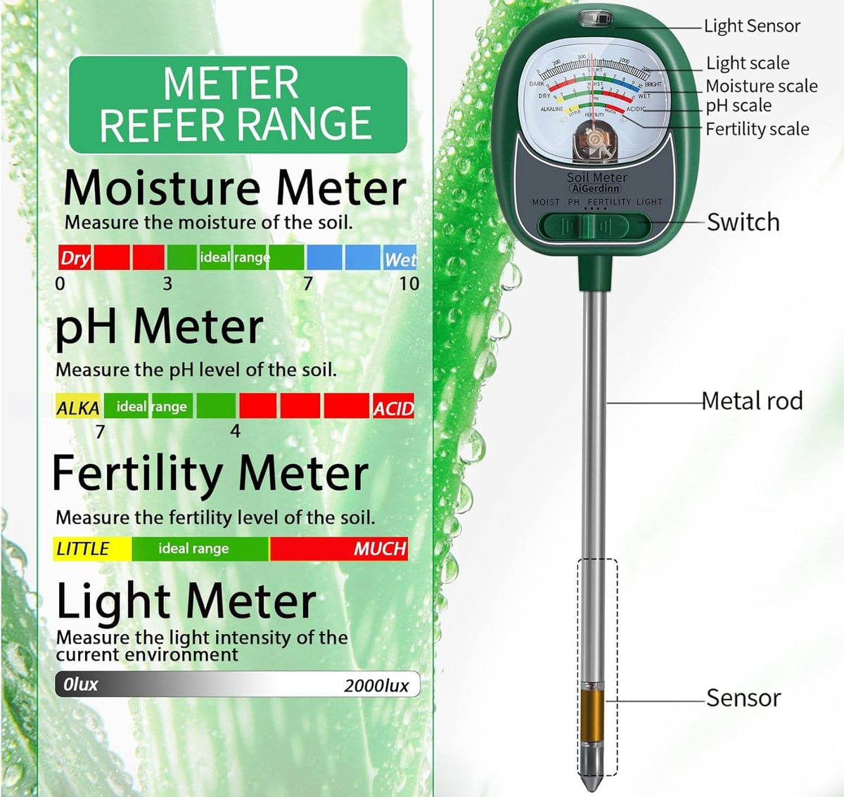 AiGerdinn soil tester suitable for indoor and outdoor gardens.