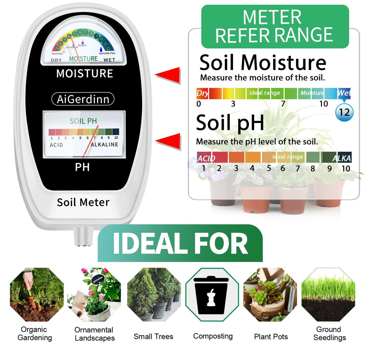 AiGerdinn soil pH reading guides adjustments for soil balance and plant health.