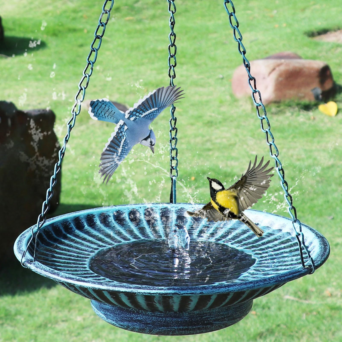 AIHAOKAN hanging bird bath with blue solar fountain attracts birds in sunlight