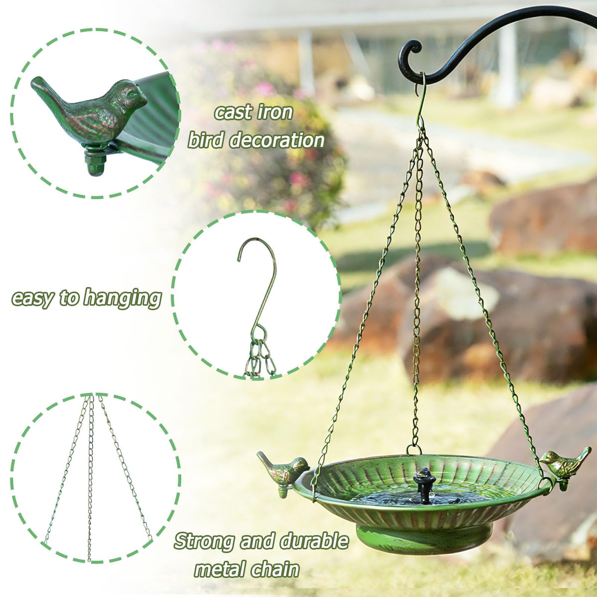 AIHAOKAN outdoor bird bath shown installed on a garden hook.