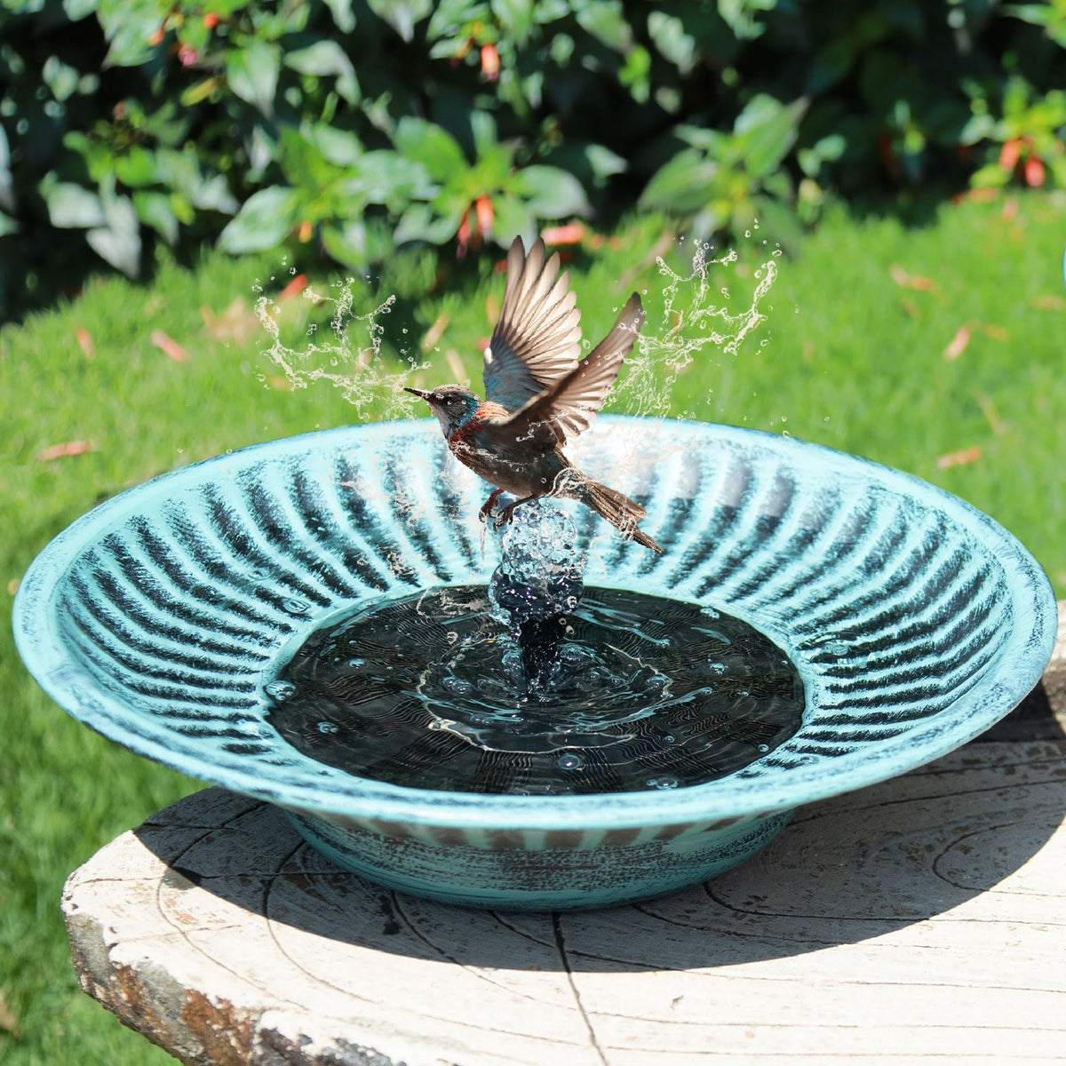 AIHAOKAN solar bird bath blue outdoors attracts birds.