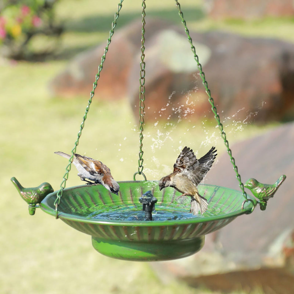AIHAOKAN solar fountain hanging bird bath glowing in sun, bubbling inviting birds to drink.