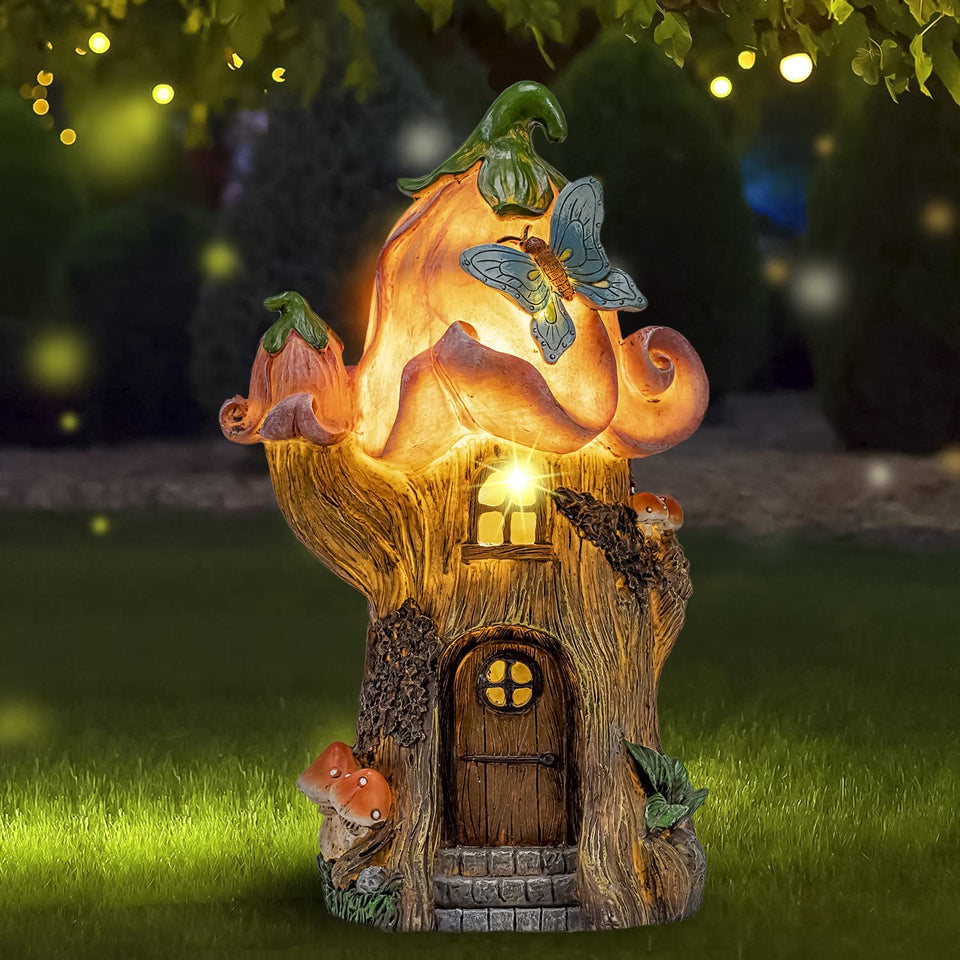 AIINY Fairy Garden gnome house with butterfly lights for evening ambiance.