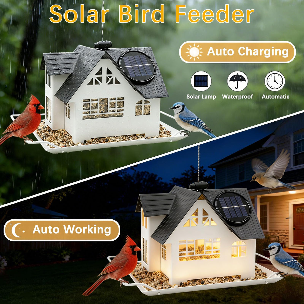 AIKS house-shaped hopper feeder keeps seeds dry with drainage holes
