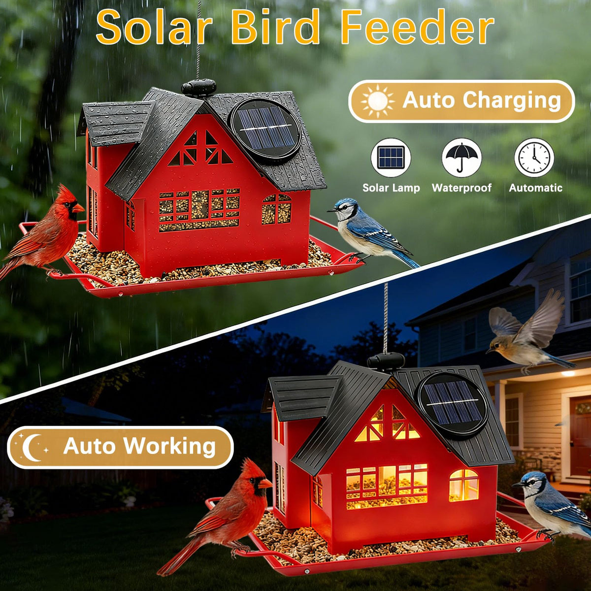AIKS Solar Bird Feeder's durable metal frame resists wind and weather.