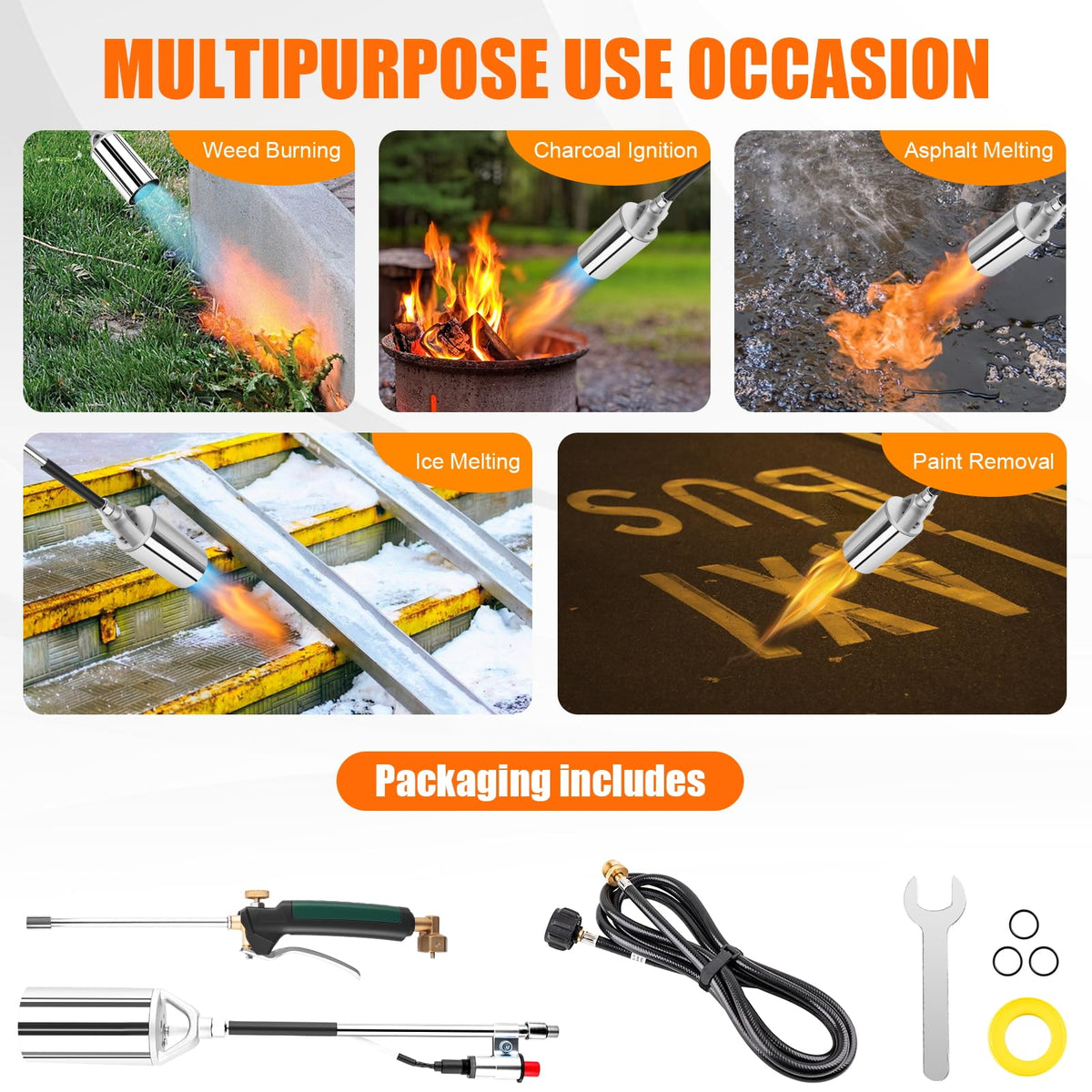 Aikyciu weed burner melts weeds and ice with focused heat.