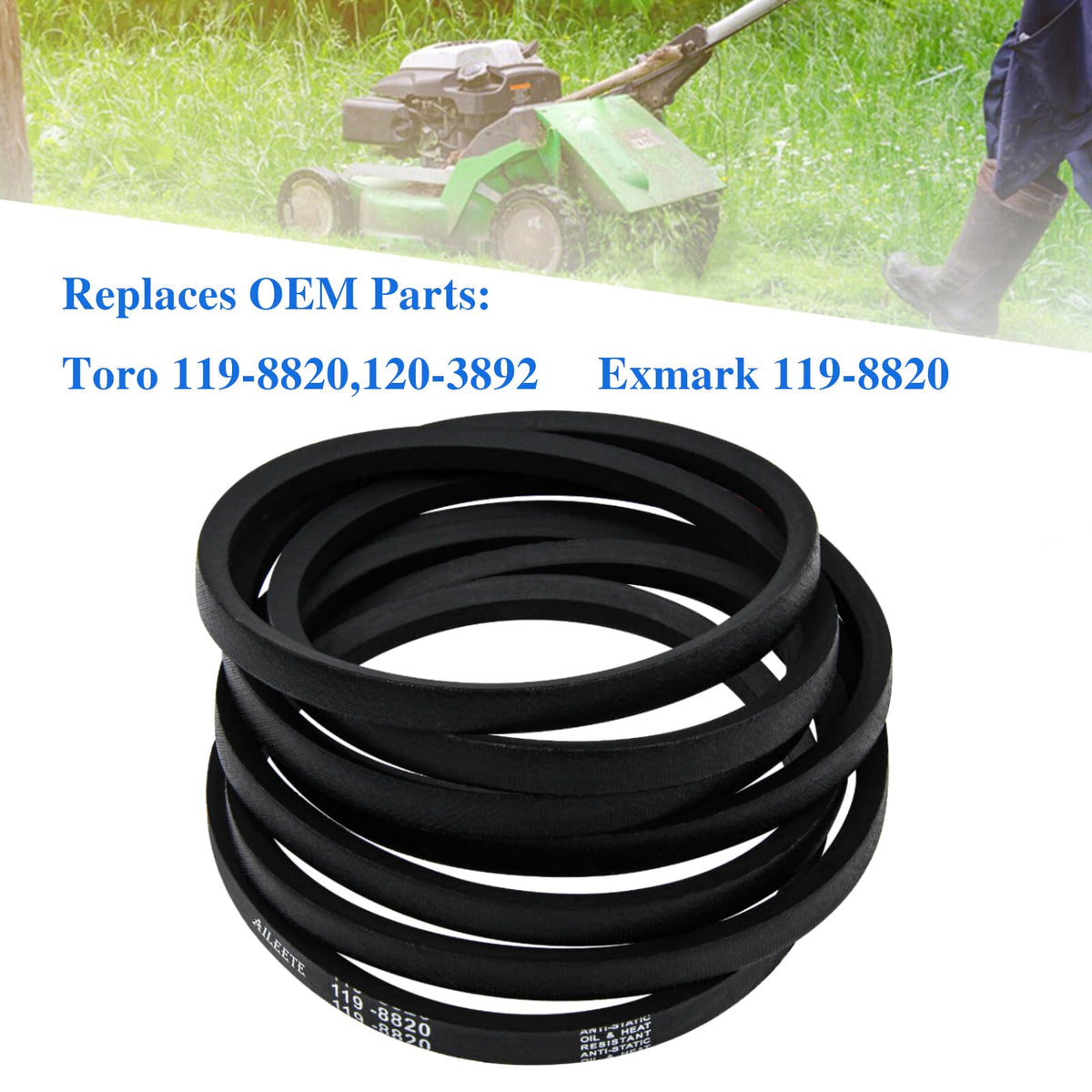 AILEETE belt packaging and instruction image emphasizes ready-to-install replacement parts