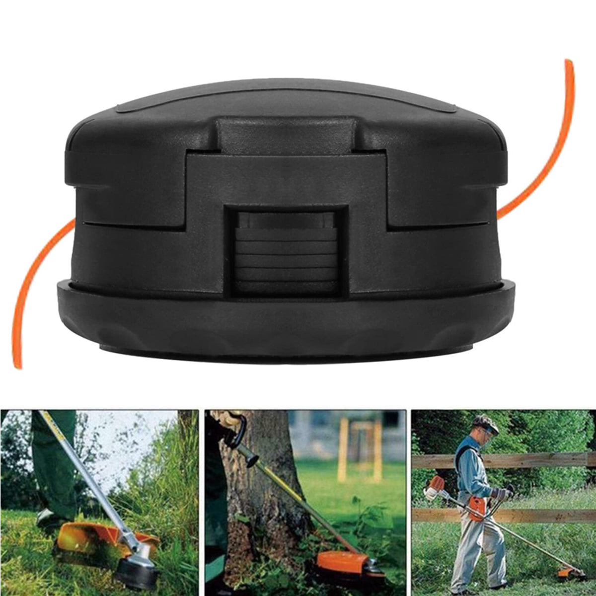 Trimmer head installed on a straight shaft trimmer for convenient lawn care.