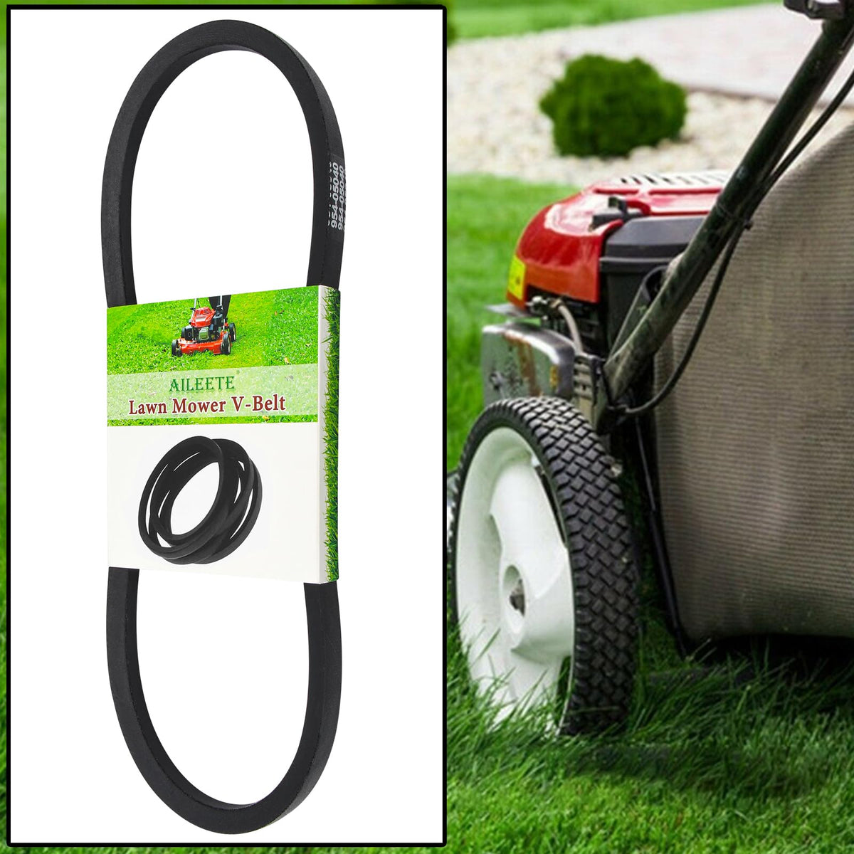 AILEETE belt packaging image suggests ready-to-install replacement part for lawn care.