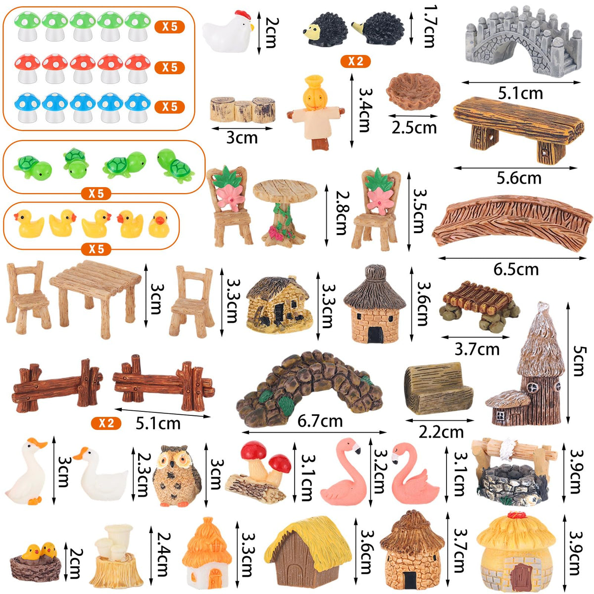 Ailefentene wooden fairy houses and structures form a miniature village scene.