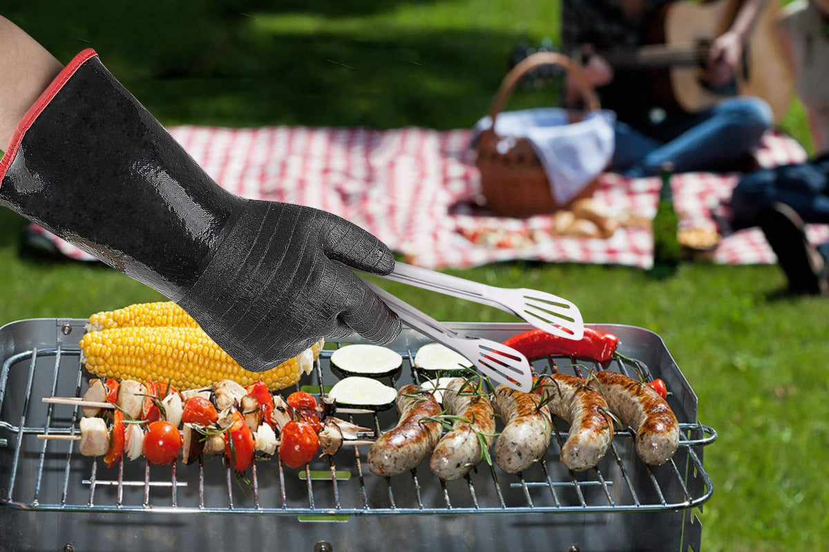 Ailiary gloves with sturdy hanger loop for convenient storage near the grill.