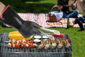 Ailiary gloves with sturdy hanger loop for convenient storage near the grill.