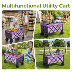 Aimnny Purple Collapsible Wagon with 360° wheels on varied terrain.