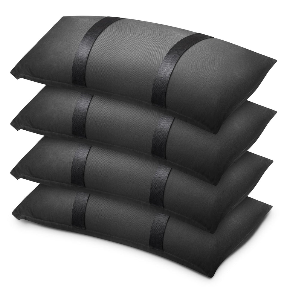 Aimosen umbrella base weights four-pack securing outdoor furniture on windy days.
