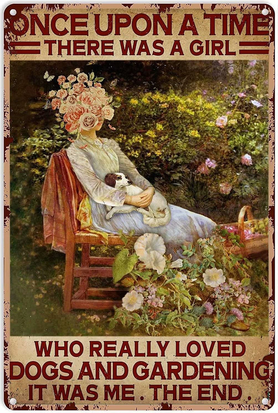 Ainbash garden sign with dog and gardening text, ideal for nostalgic wall decor.
