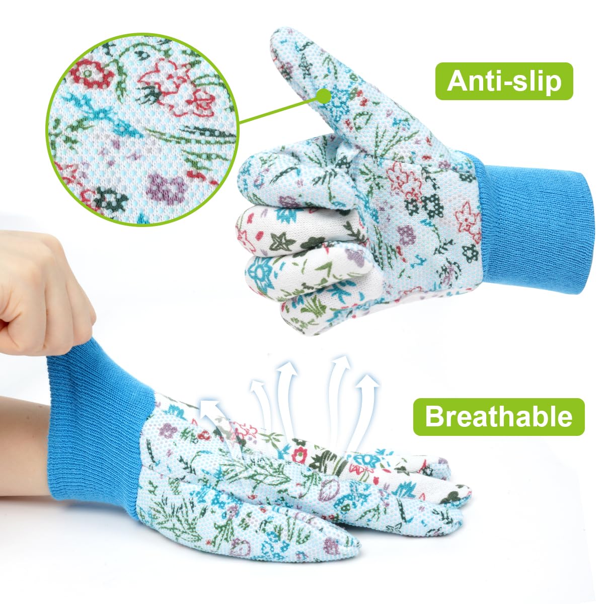 Ainiv floral gloves palm non-slip design improves grip.