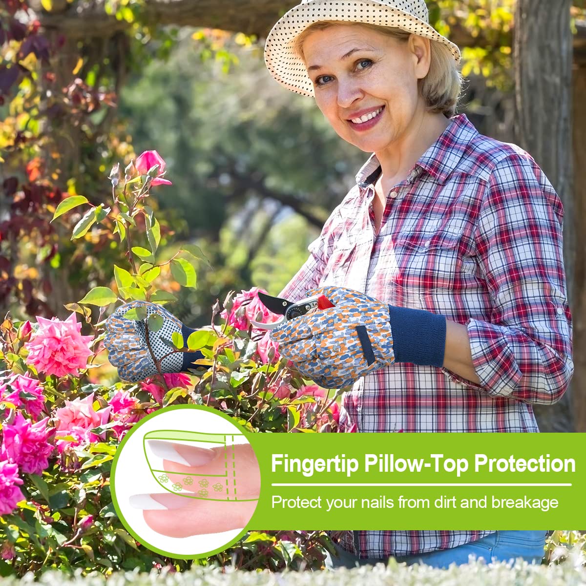 Ainiv floral gloves palm-non-slip-dots improve grip for pruning and soil handling.
