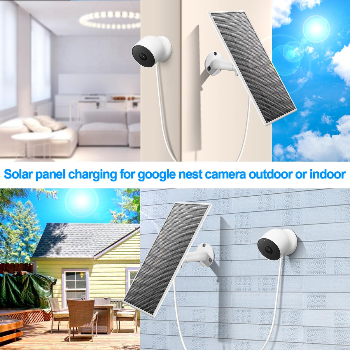 Aiobuvr Nest Cam solar panel uses mono-crystalline cells for efficient charging.