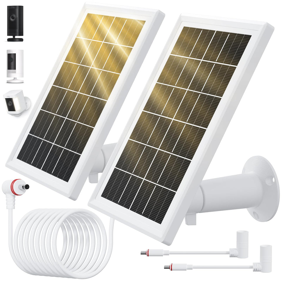 Aiobuvr two-pack solar panels power Ring cameras with dual-port connectivity.