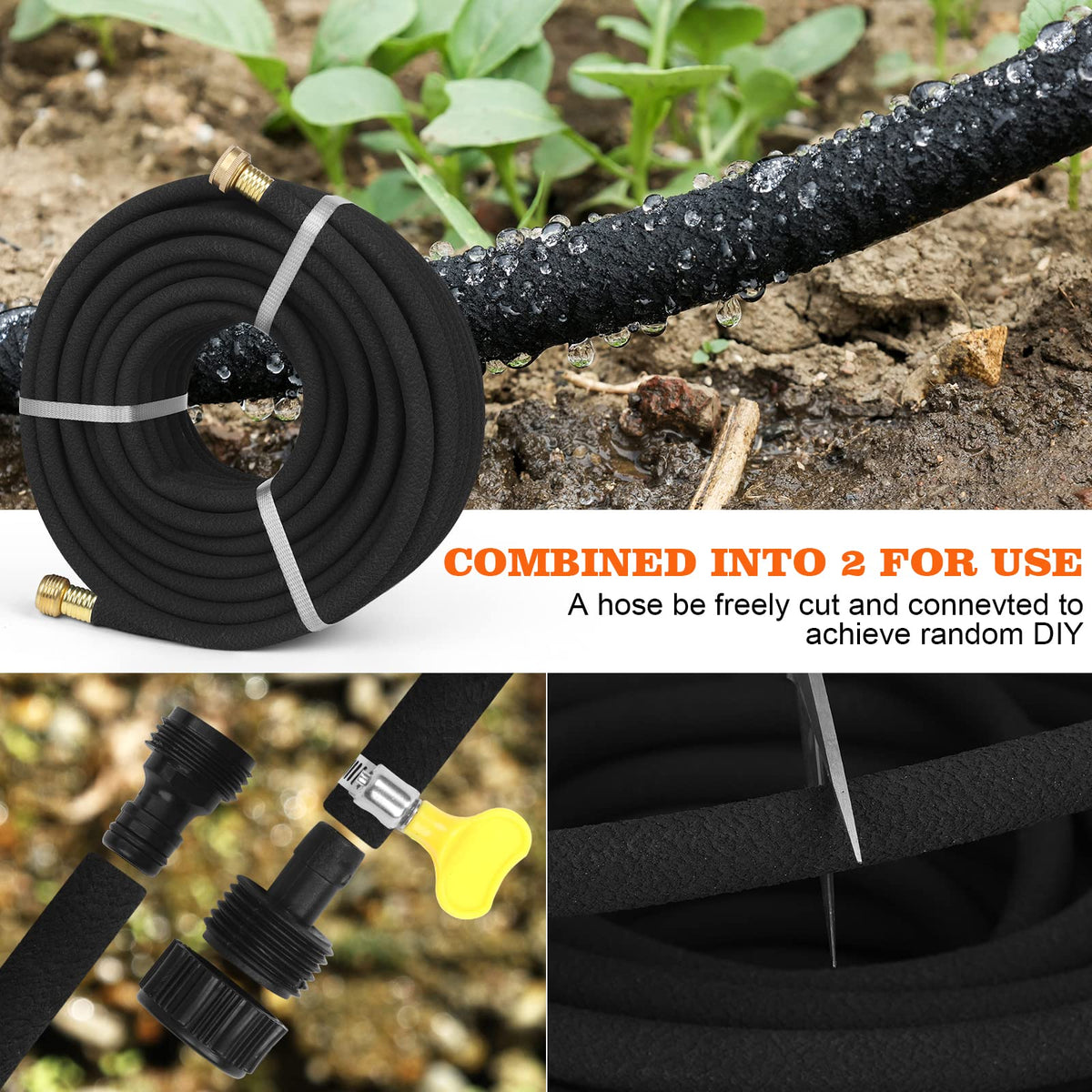 AIODE soaker hose installed in garden bed for efficient root watering.