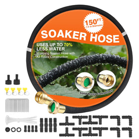 AIODE Soaker Hose 150ft with brass connectors for durable irrigation.