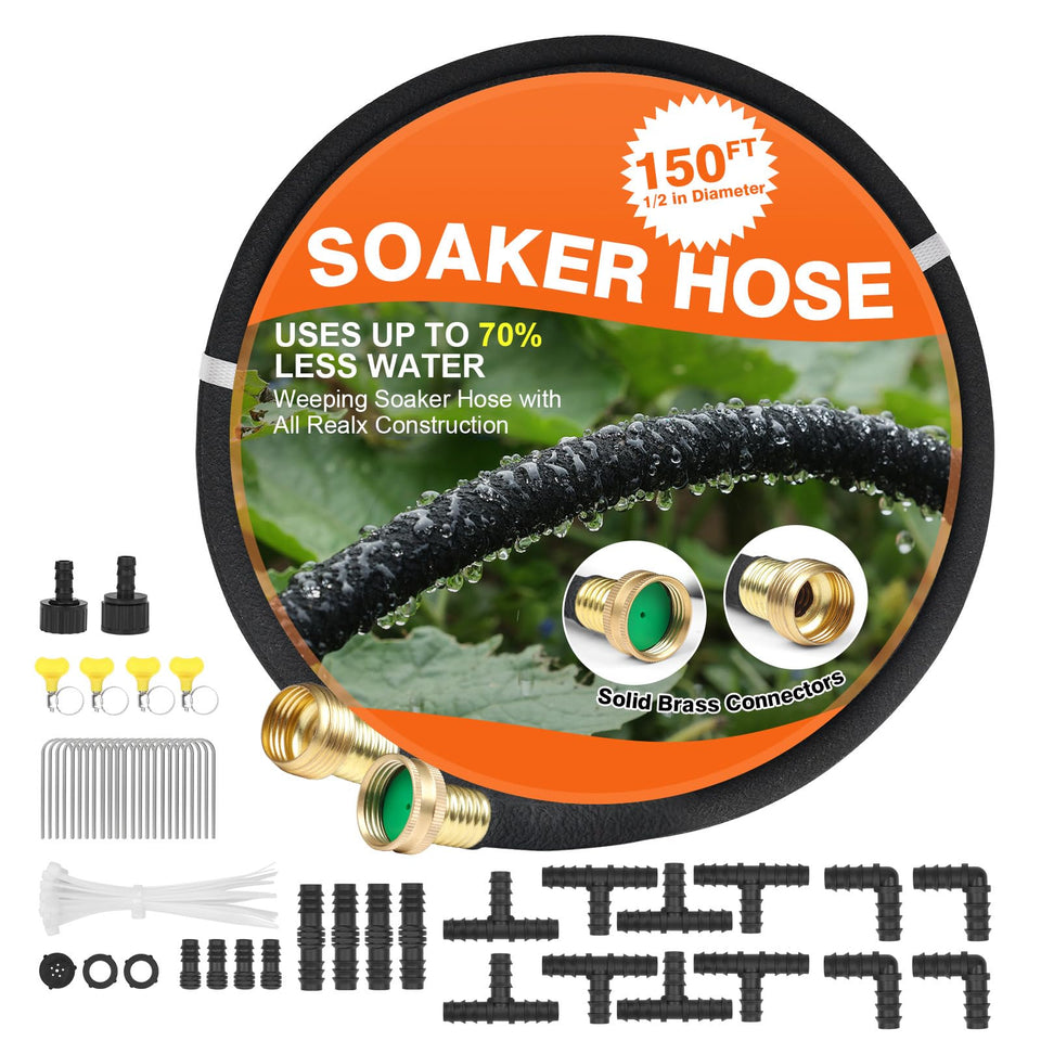 AIODE Soaker Hose 150ft with brass connectors for durable irrigation.
